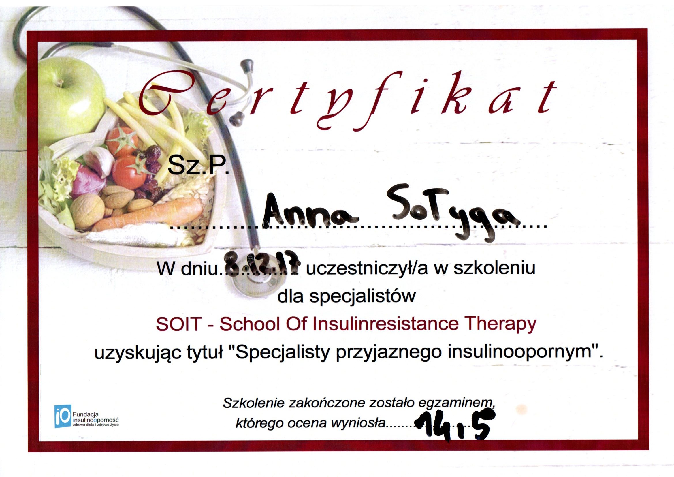 Certyfikat - Specjalista przyjazny insulinoopornym