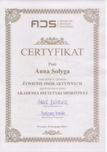 Certyfikat - Akademia Dietetyki Sportowej