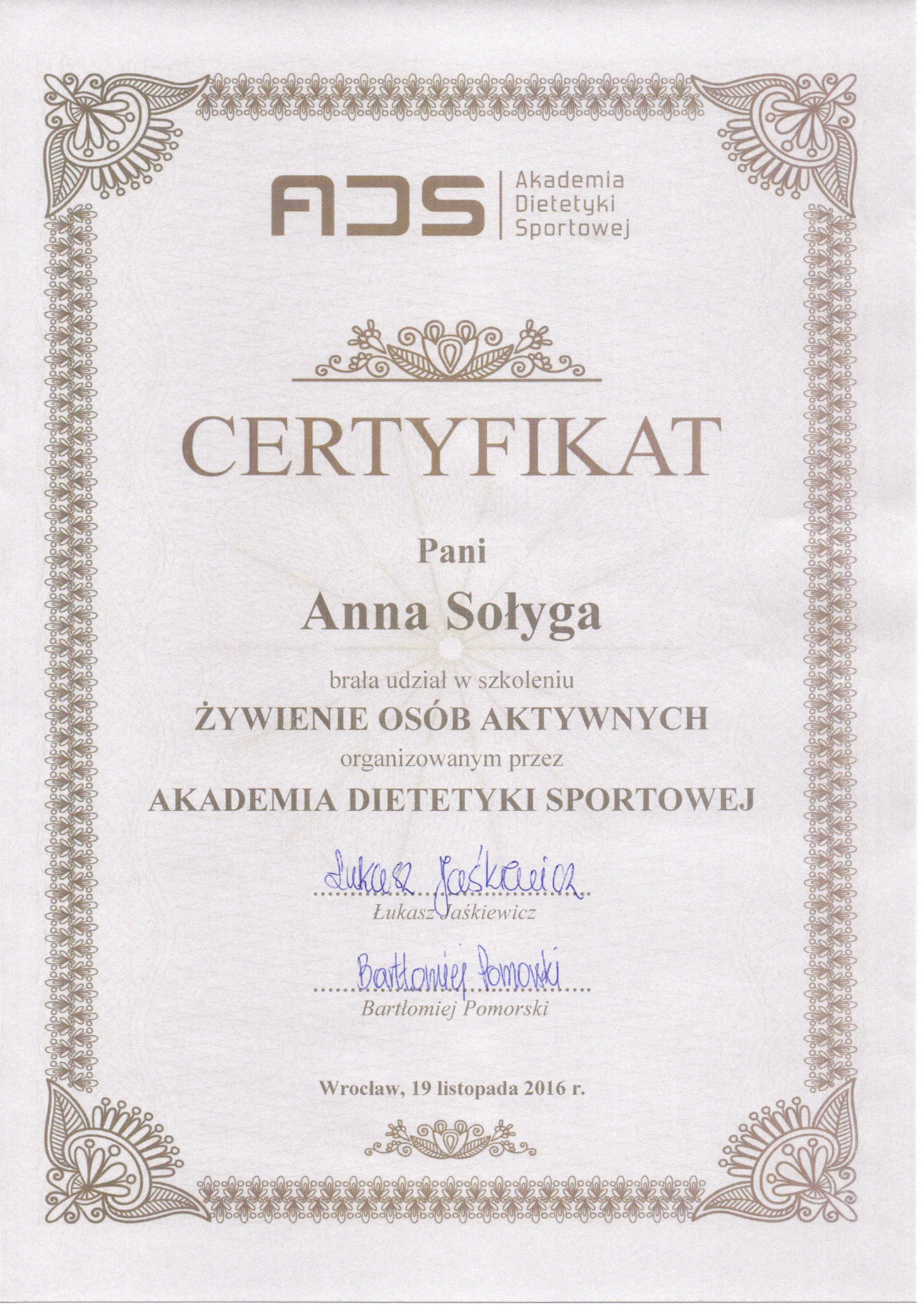 Certyfikat - Akademia Dietetyki Sportowej