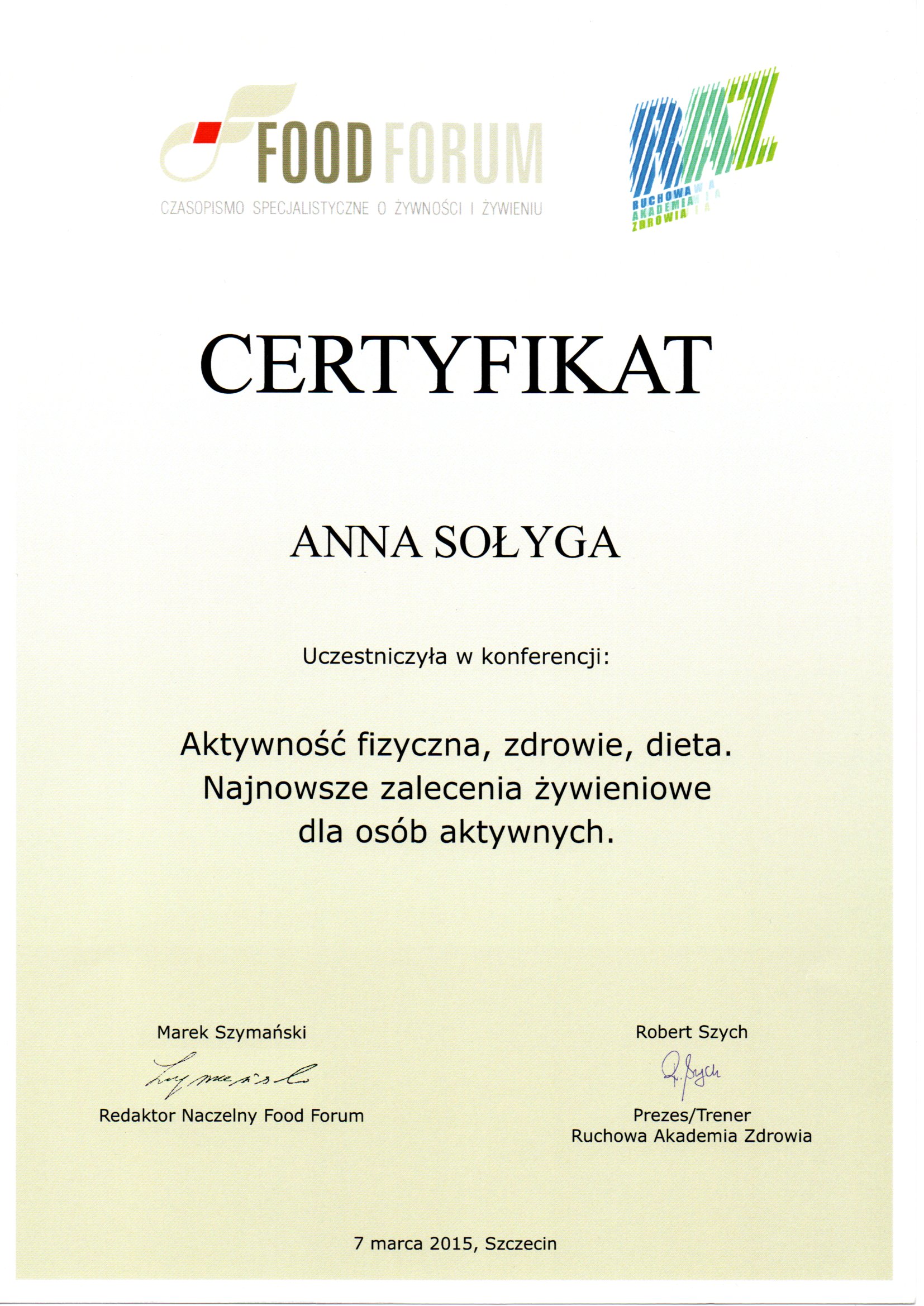 Certyfikat Członkostwa - Polskie Stowarzyszenie Dietetyków