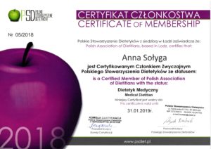 Certyfikat Członkostwa - Polskie Stowarzyszenie Dietetyków